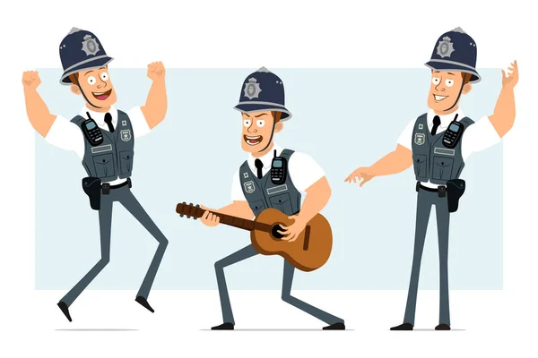 卡通平面搞笑强烈的警察性格在防弹背心与收音机 男孩跳 弹吉他 准备好动画了被蓝色背景隔离了矢量集 — 图库矢量图片