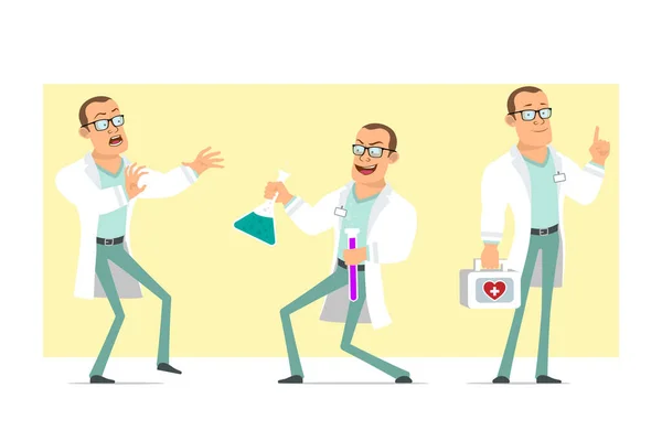 Cartoon Plochý Legrační Silný Lékař Muž Charakter Bílé Uniformě Brýle — Stockový vektor