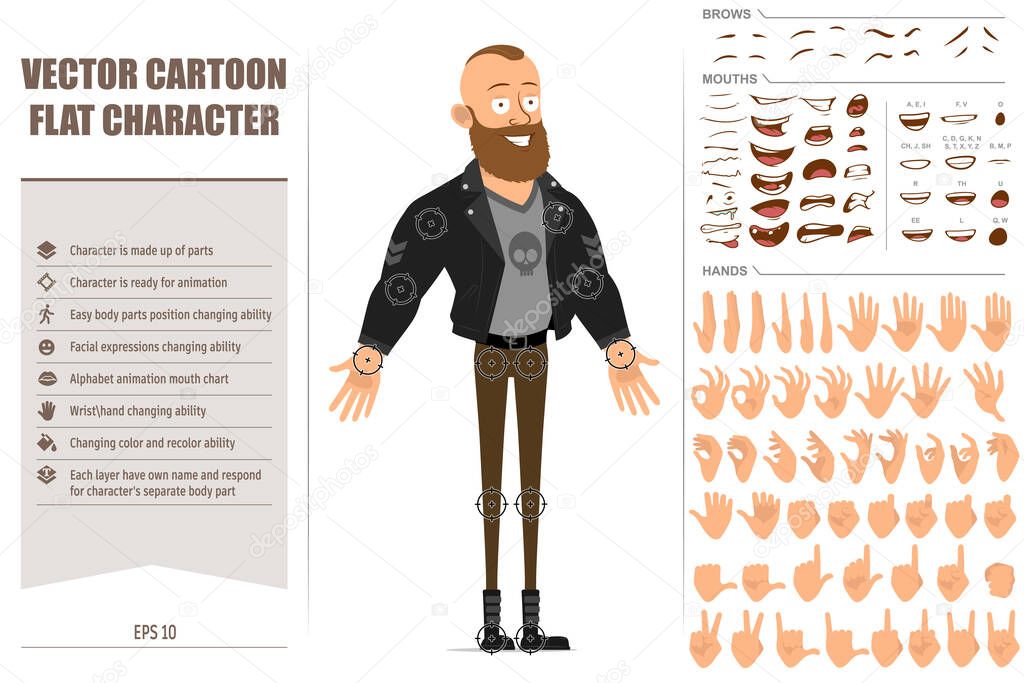 Cartoon flat bearded punk hooligan with mohawk in leather jacket. Ready for animation. Face expressions, eyes, brows, mouth and hands easy to edit. Isolated on white background. Big vector icon set.