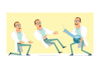 Çizgi film düz komik güçlü doktor karakteri beyaz üniformalı ve gözlüklü. Çocuk düşüyor ve elinde sıvı ile kimyasal bir şişe tutuyor. Animasyon için hazır. Sarı arka planda izole edilmiş. Vektör seti.