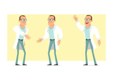 Çizgi film düz komik güçlü doktor karakteri beyaz üniformalı ve gözlüklü. Çocuk el sıkışıyor ve hoş geldin jesti yapıyor. Animasyon için hazır. Sarı arka planda izole edilmiş. Vektör seti.