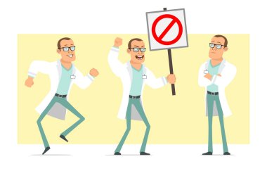 Çizgi film düz komik güçlü doktor karakteri beyaz üniformalı ve gözlüklü. Çocuk poz veriyor ve elinde dur işareti yok. Animasyon için hazır. Sarı arka planda izole edilmiş. Vektör seti.