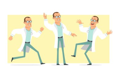 Çizgi film düz komik güçlü doktor karakteri beyaz üniformalı ve gözlüklü. Çocuk dans ediyor, zıplıyor ve koşuyor. Animasyon için hazır. Sarı arka planda izole edilmiş. Vektör seti.