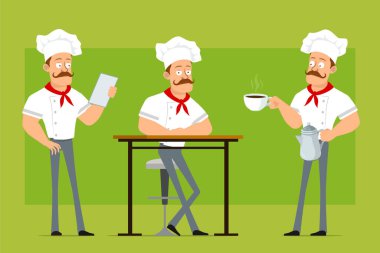 Çizgi film düz komik güçlü aşçı beyaz üniformalı ve fırıncı şapkalı karakter. Tencere dibin kara seninki benden kara. Animasyon için hazır. Zeytin arka planında izole edilmiş. Vektör simgesi ayarlandı.