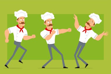 Çizgi film düz komik güçlü aşçı beyaz üniformalı ve fırıncı şapkalı karakter. Çocuk koşuyor, kavga ediyor ve düşüyor. Animasyon için hazır. Zeytin arka planında izole edilmiş. Vektör simgesi ayarlandı.