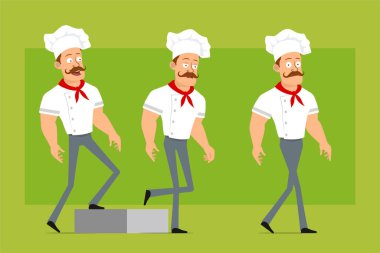 Çizgi film düz komik güçlü aşçı beyaz üniformalı ve fırıncı şapkalı karakter. Başarılı, yorgun çocuk hedefine doğru yürüyor. Animasyon için hazır. Zeytin arka planında izole edilmiş. Vektör simgesi ayarlandı.