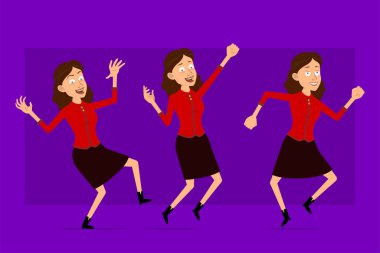 Çizgi film düz komik, kırmızı gömlekli iş kadını karakteri. Canlandırmaya hazırız. Rock 'n' roll kızı zıplıyor ve dans ediyor. Menekşe arka planda izole edilmiş. Büyük vektör simgesi kümesi.