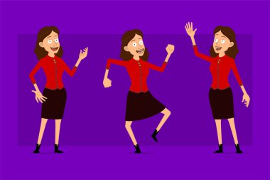 Çizgi film düz komik, kırmızı gömlekli iş kadını karakteri. Canlandırmaya hazırız. Dans eden, zıplayan ve selam veren bir kız. Menekşe arka planda izole edilmiş. Büyük vektör simgesi kümesi.