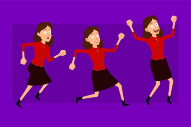 Çizgi film düz komik, kırmızı gömlekli iş kadını karakteri. Canlandırmaya hazırız. Başarılı bir kız hedefine doğru koşuyor. Menekşe arka planda izole edilmiş. Büyük vektör simgesi kümesi.