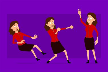 Çizgi film düz komik, kırmızı gömlekli iş kadını karakteri. Canlandırmaya hazırız. Kızgın kız savaşmaya ve barış işareti göstermeye hazır. Menekşe arka planda izole edilmiş. Büyük vektör simgesi kümesi.