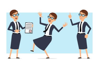 Çizgi film düz komik iş koçu mavi takım elbiseli ve gözlüklü kadın karakter. Animasyon için hazır. Liste tableti hazırlayan, dikkat çeken ve dans eden bir kız. Mavi arka planda izole edilmiş. Vektör seti.