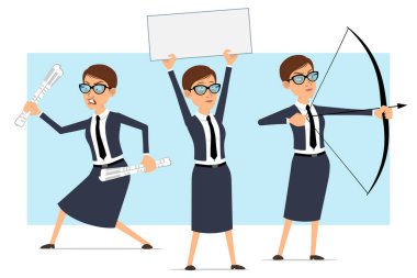 Çizgi film düz komik iş koçu mavi takım elbiseli ve gözlüklü kadın karakter. Animasyon için hazır. Pruvadan ateş eden ve mesaj için boş işaret gösteren bir kız. Mavi arka planda izole edilmiş. Vektör seti.