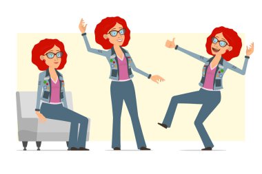 Çizgi film düz komik kızıl saçlı, gözlüklü ve kot ceketli hippi kadın karakter. Animasyon için hazır. Kız dinleniyor, dans ediyor ve baş parmak işareti yapıyor. Sarı arka planda izole edilmiş. Vektör seti.