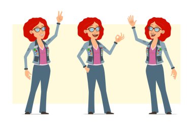 Çizgi film düz komik kızıl saçlı, gözlüklü ve kot ceketli hippi kadın karakter. Animasyon için hazır. Kız merhaba diyor, barış ve onay işareti gösteriyor. Sarı arka planda izole edilmiş. Vektör seti.