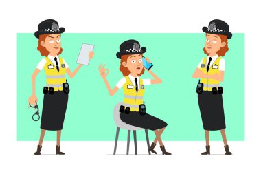 Çizgi film düz komik İngiliz kadın polis karakteri, sarı ceketli ve rozetli. Telefonda konuşan bir kız ve iyi bir jest. Animasyon için hazır. Yeşil arka planda izole edilmiş. Vektör seti.
