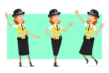 Çizgi film düz komik İngiliz kadın polis karakteri, sarı ceketli ve rozetli. Kız atlıyor ve hoş geldin jesti yapıyor. Animasyon için hazır. Yeşil arka planda izole edilmiş. Vektör seti.