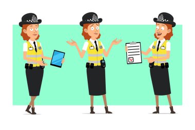 Çizgi film düz komik İngiliz kadın polis karakteri, sarı ceketli ve rozetli. Akıllı tablet tutan ve listeyi gösteren bir kız. Animasyon için hazır. Yeşil arka planda izole edilmiş. Vektör seti.