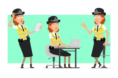 Çizgi film düz komik İngiliz kadın polis karakteri, sarı ceketli ve rozetli. Kız not okuyor ve dizüstü bilgisayarla çalışıyor. Animasyon için hazır. Yeşil arka planda izole edilmiş. Vektör seti.