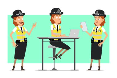 Çizgi film düz komik İngiliz kadın polis karakteri, sarı ceketli ve rozetli. Fotoğraf için poz veren ve dizüstü bilgisayarda çalışan bir kız. Animasyon için hazır. Yeşil arka planda izole edilmiş. Vektör seti.