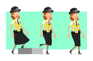Çizgi film düz komik İngiliz kadın polis karakteri, sarı ceketli ve rozetli. Başarılı, yorgun kız hedefine doğru yürüyor. Animasyon için hazır. Yeşil arka planda izole edilmiş. Vektör seti.