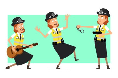 Çizgi film düz komik İngiliz kadın polis karakteri, sarı ceketli ve rozetli. Kız atlıyor, dans ediyor ve gitar çalıyor. Animasyon için hazır. Yeşil arka planda izole edilmiş. Vektör seti.