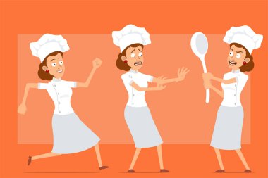 Çizgi film düz komik şef beyaz üniformalı ve fırıncı şapkalı kadın karakter. Kız korkmuş, büyük bir kaşık tutuyor ve koşuyor. Animasyon için hazır. Turuncu arka planda izole edilmiş. Vektör seti.