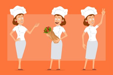 Çizgi film düz komik şef beyaz üniformalı ve fırıncı şapkalı kadın karakter. Lezzetli kebap kebabı tutan ve barış işareti gösteren bir kız. Animasyon için hazır. Turuncu arka planda izole edilmiş. Vektör seti.