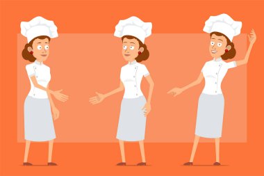 Çizgi film düz komik şef beyaz üniformalı ve fırıncı şapkalı kadın karakter. Kız el sıkışıyor ve selam veriyor. Animasyon için hazır. Turuncu arka planda izole edilmiş. Vektör seti.