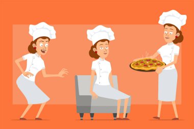 Çizgi filmdeki yassı aşçı kadın karakter beyaz üniformalı ve fırıncı şapkalı. Dinlenen bir kız, salamlı ve mantarlı İtalyan pizzası taşıyor. Animasyon için hazır. Turuncu arka planda izole edilmiş. Vektör seti.