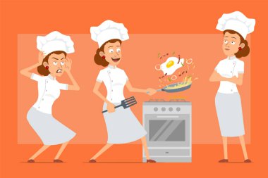 Çizgi film düz komik şef beyaz üniformalı ve fırıncı şapkalı kadın karakter. Kız korkmuş ve pastırmalı sahanda yumurta pişiriyor. Animasyon için hazır. Turuncu arka planda izole edilmiş. Vektör seti.