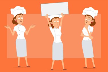 Çizgi film düz komik şef beyaz üniformalı ve fırıncı şapkalı kadın karakter. Kız yanlış anlamış, elinde boş bir işaret var ve düşünüyor. Animasyon için hazır. Turuncu arka planda izole edilmiş. Vektör seti.
