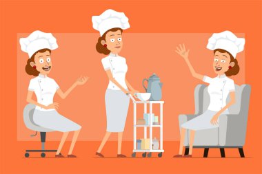 Çizgi film düz komik şef beyaz üniformalı ve fırıncı şapkalı kadın karakter. Kanepede dinlenen ve otel masasında yürüyen bir kız. Animasyon için hazır. Turuncu arka planda izole edilmiş. Vektör seti.