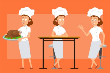 Çizgi film düz komik şef beyaz üniformalı ve fırıncı şapkalı kadın karakter. Lezzetli kızarmış hindi veya tavuk pozu veren bir kız. Animasyon için hazır. Turuncu arka planda izole edilmiş. Vektör seti.