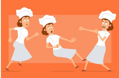 Çizgi film düz komik şef beyaz üniformalı ve fırıncı şapkalı kadın karakter. Kız koşuyor, kavga ediyor ve düşüyor. Animasyon için hazır. Turuncu arka planda izole edilmiş. Vektör seti.