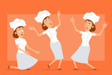 Çizgi film düz komik şef beyaz üniformalı ve fırıncı şapkalı kadın karakter. Kız düşüyor, rock 'n roll işareti gösteriyor. Animasyon için hazır. Turuncu arka planda izole edilmiş. Vektör seti.