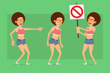 Çizgi film düz komik spor kadın karakter gömlek, kot şort ve güneş gözlüğü. Animasyon için hazır. Kız yorgun, gülüyor ve dur işareti olmadan yürüyor. Yeşil arka planda izole edilmiş. Vektör seti.