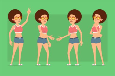 Çizgi film düz komik spor kadın karakter gömlek, kot şort ve güneş gözlüğü. Animasyon için hazır. Kız gibi düşünmek, el sıkışmak ve barış işareti göstermek. Yeşil arka planda izole edilmiş. Vektör seti.