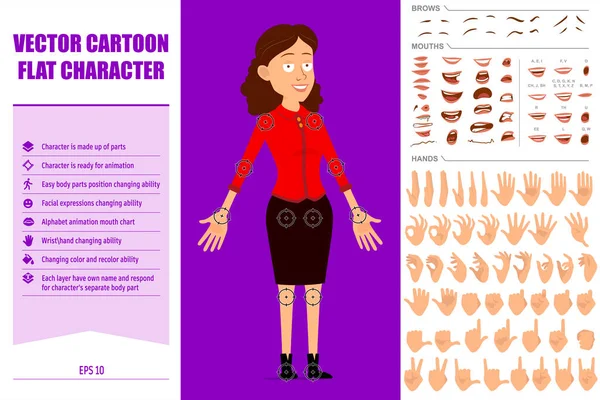 Çizgi filmdeki kırmızı tişörtlü sevimli iş kadını karakteri. Canlandırmaya hazırız. Yüz ifadeleri, gözler, kaşlar, ağız ve elleri düzenlemek kolay. Menekşe arka planda izole edilmiş. Büyük vektör simgesi kümesi.