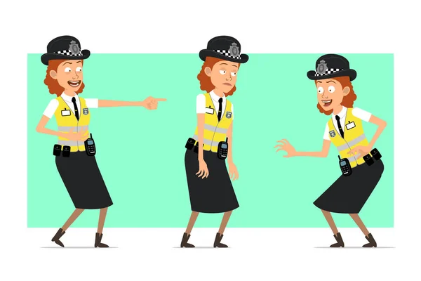 Caricatura Plana Divertida Policía Británica Personaje Mujer Chaqueta Amarilla Con — Archivo Imágenes Vectoriales