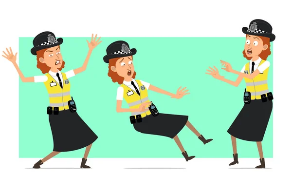 Caricatura Plana Divertida Policía Británica Personaje Mujer Chaqueta Amarilla Con — Archivo Imágenes Vectoriales