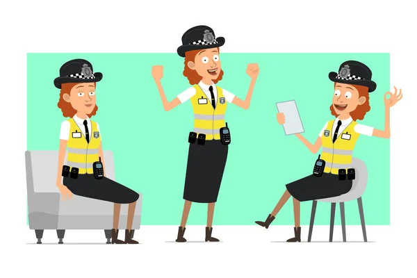 Desenhos Animados Apartamento Engraçado Britânico Personagem Mulher Polícia Casaco Amarelo — Vetor de Stock