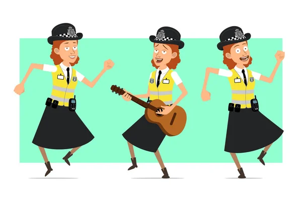 Cartoon Flat Funny British Police Woman Character Yellow Jacket Badge — Stock Vector