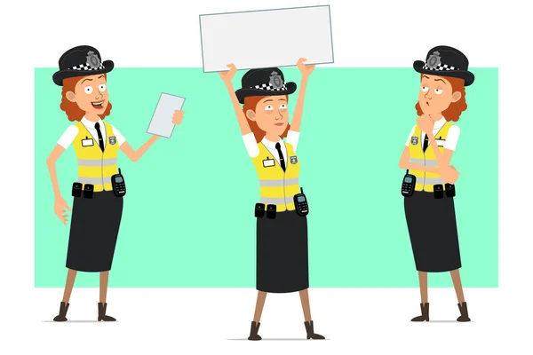 Cartoon Flat Funny British Police Woman Character Yellow Jacket Badge — Stock Vector