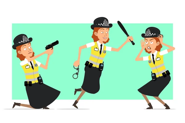 Kreskówka Płaska Zabawna Brytyjska Policjantka Żółtej Kurtce Odznaką Dziewczyna Biegnie — Wektor stockowy