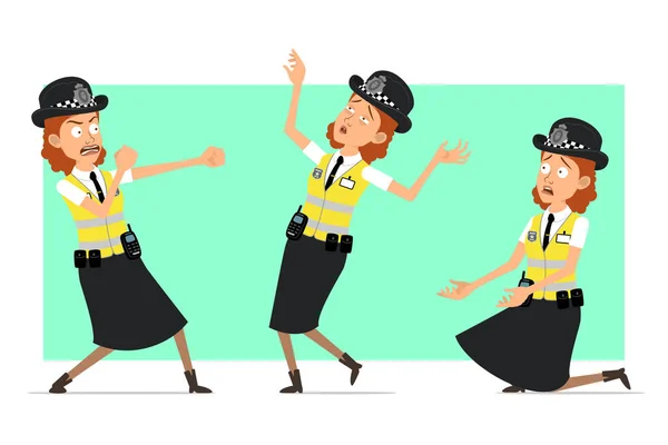 Caricatura Plana Divertida Policía Británica Personaje Mujer Chaqueta Amarilla Con — Archivo Imágenes Vectoriales