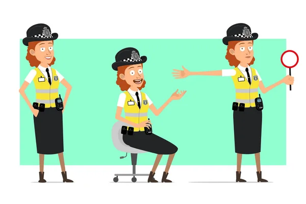 Cartoon Flat Funny British Police Woman Character Yellow Jacket Badge — Stock Vector