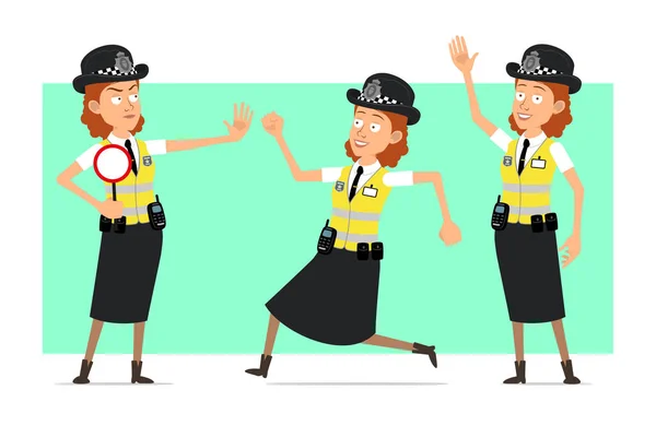 Desenhos Animados Apartamento Engraçado Britânico Personagem Mulher Polícia Casaco Amarelo — Vetor de Stock