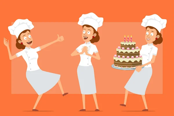 卡通平面有趣的厨师做饭的妇女角色身穿白色制服和烘焙帽 带着生日蛋糕和大拇指的女孩 准备好动画了在橙色背景下被隔离 矢量集 — 图库矢量图片