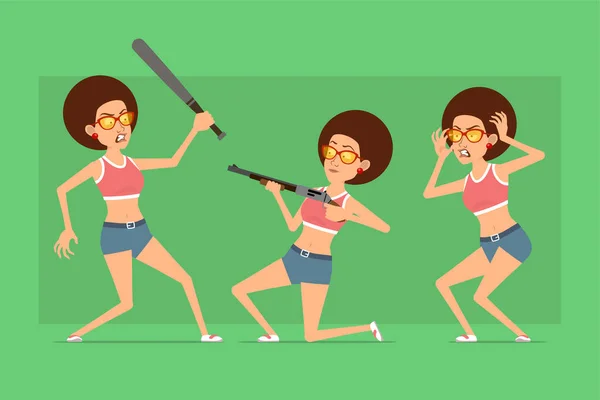 Cartoon Flat Funny Sport Woman Character Shirt Jeans Shorts Sunglasses — Stock Vector
