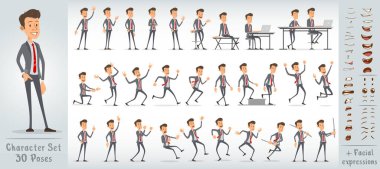 Mavi takım elbiseli, kırmızı kravatlı komik ofis çocuğu karakteri. 30 farklı poz ve yüz ifadesi. Beyaz arka planda izole edilmiş. Büyük vektör simgesi kümesi.
